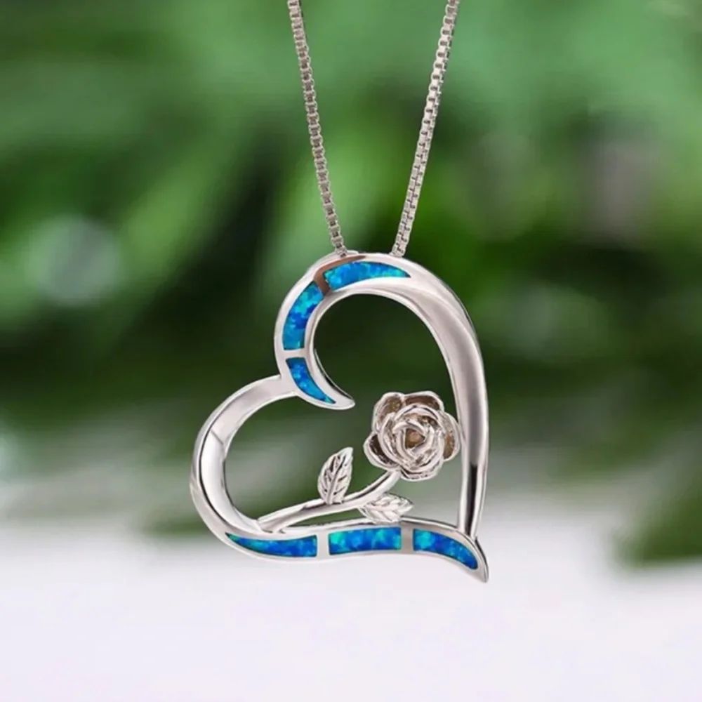 🆕 | Blue Simulated Opal | Rose Flower | 14K White Gold Plated Women’s Necklace - Picture 1 of 7